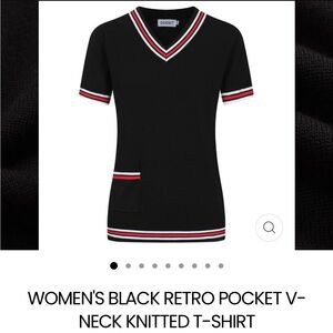 OXXI Knit Women's Black Retro Pocket V-Neck Short Sleeve Tee